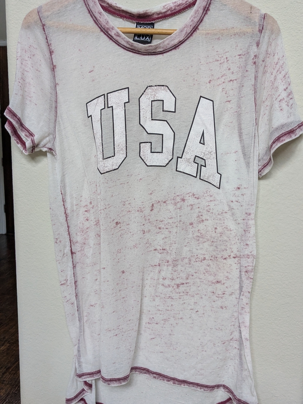 LUX USA Graphic Women's Tissue Tee in White with Maroon Accent